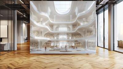 This is the interior of the world's largest library The interior is white-toned, it has a five-story structure, and it has a modern interior be set up This picture was taken with an ultra-wide-angle l Wall mural