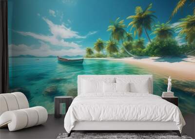 Tropical island sea and boat Wall mural