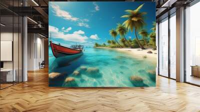 Tropical island sea and boat Wall mural