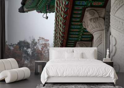 View of the stone column and wooden balcony in the traditional Korean building Wall mural