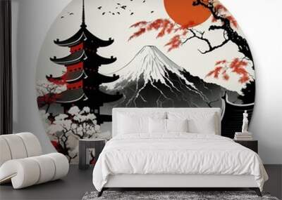 design a japanese temple and mountain in autumn with white black little red orange round sign. generative AI Wall mural