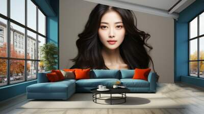 Young asian beauty woman model long hair with korean makeup style on face and perfect skin on isolated monochromatic background. generative AI Wall mural