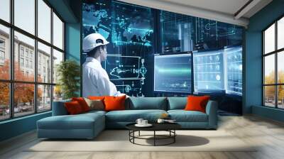 Engineers monitoring the field in a state-of-the-art smart factory Wall mural