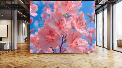 a pink tree with pink flowers that say  spring . Wall mural