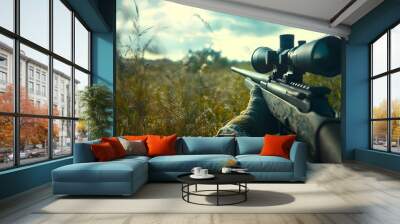 First-person view of a sniper holding a sniper rifle and preparing to shoot in a grassy forest Wall mural