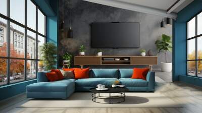 Cabinet TV in modern living room on concrete wall back. Generative AI Wall mural