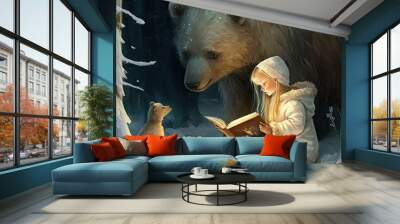  bears reading books with their children winter scenery Wall mural