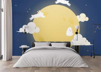 Vector illustration of cute rabbits and full moon. Wall mural