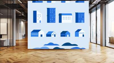 Vector illustration set of blue buildings. Wall mural