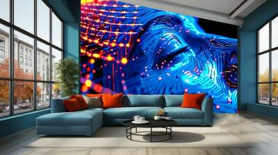 Visually represent the flow of data or light in the form of a human, Add digital patterns or flows around the human head to make it look like the AI ​​is understanding human thoughts. Wall mural