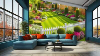 Lawn, neat blue, green grass, AI, Wall mural