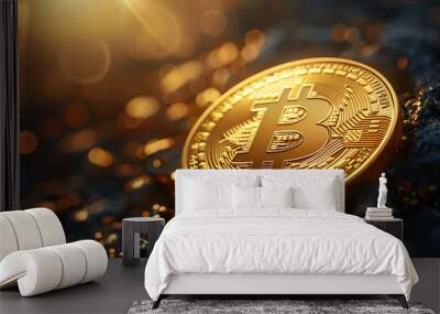 a Bitcoin, a circuit-like golden coin, lying flat on a dark, textured surface, illuminated with warm, golden light for a glowing effect, on burning coals background Wall mural