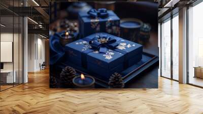 Asian floral royal dark blue present setting, decorated with oriental elements, with a luxurious and elegant feel Wall mural