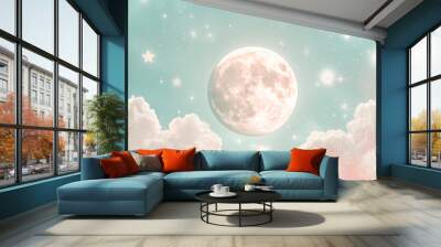 fairy-tale baby blue sky background with the shining moon, glittering stars, and fluffy clouds in the sky, a cozy and playful atmosphere Wall mural