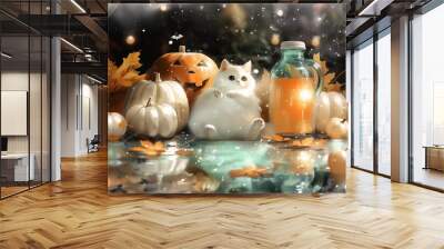 Halloween party background, with cat, Jack-o-lantern, pumpkins, and fallen leaves, an ethereal and festive feel with bokeh effects Wall mural