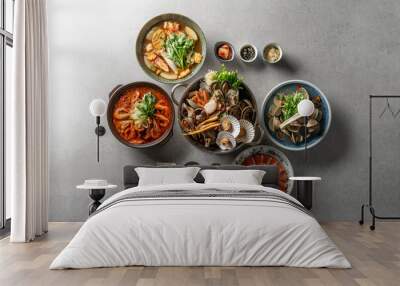 Steamed clams, sujiodengtang, fish cake soup, lily, clear soup, shrimp, chicken stew, braised spicy chicken, herbal medicine, seafood soup, salmon sashimi Korean food dish Wall mural