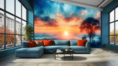 Beautiful skyline, watercolor illustration Wall mural